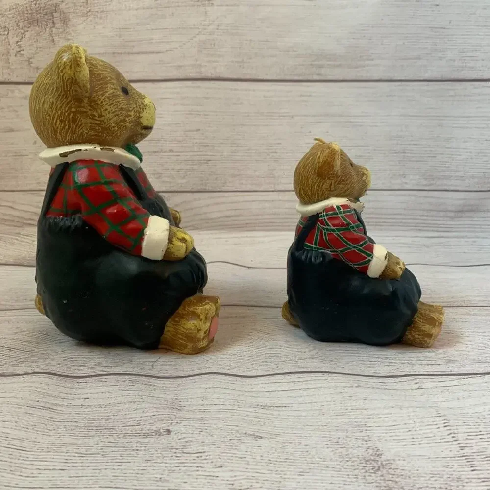 Vintage Teddy Bear Candles Set of 2 Bears with Bow Tie Plaid Shirt Overalls
